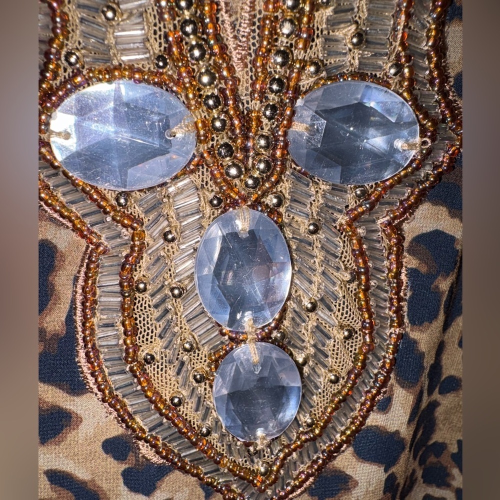 Boston Proper Leopard Print Embellished Tunic Dress XS Jeweled Neck Animal Print - Picture 4 of 8